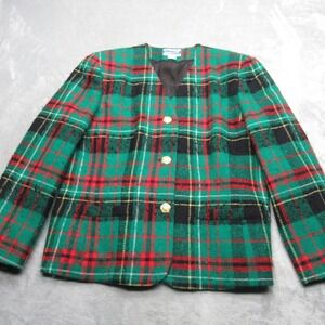 Pendleton Wool Blazer Jacket‎ Womens 14 Green Red Plaid Button USA Made VTG READ